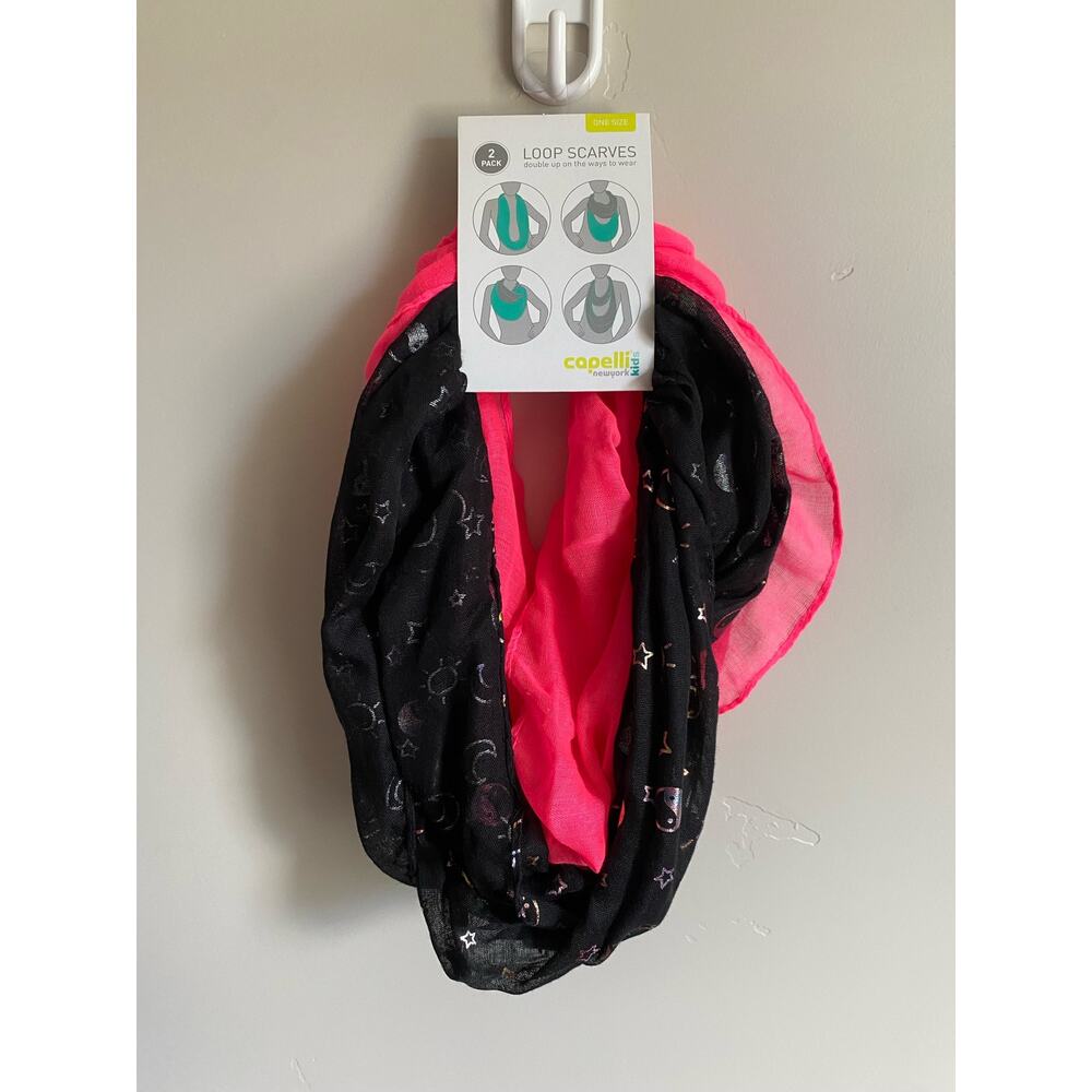 Girls 2 Pack Loop Scarves (Pink and Black)